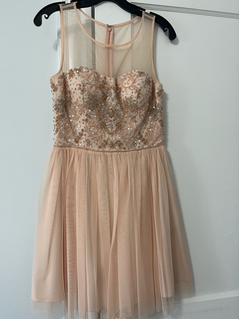 Beaded Sheer Yoke Mini Dress In Nude Pink